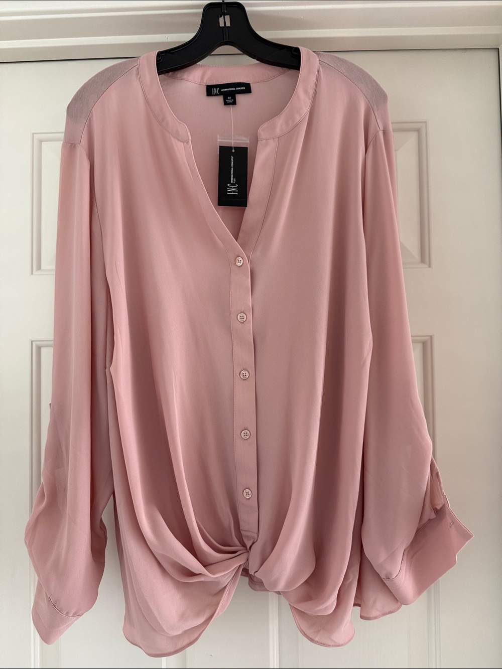 INC International Concepts Blush Pink Button-Front Twist Hem Blouse